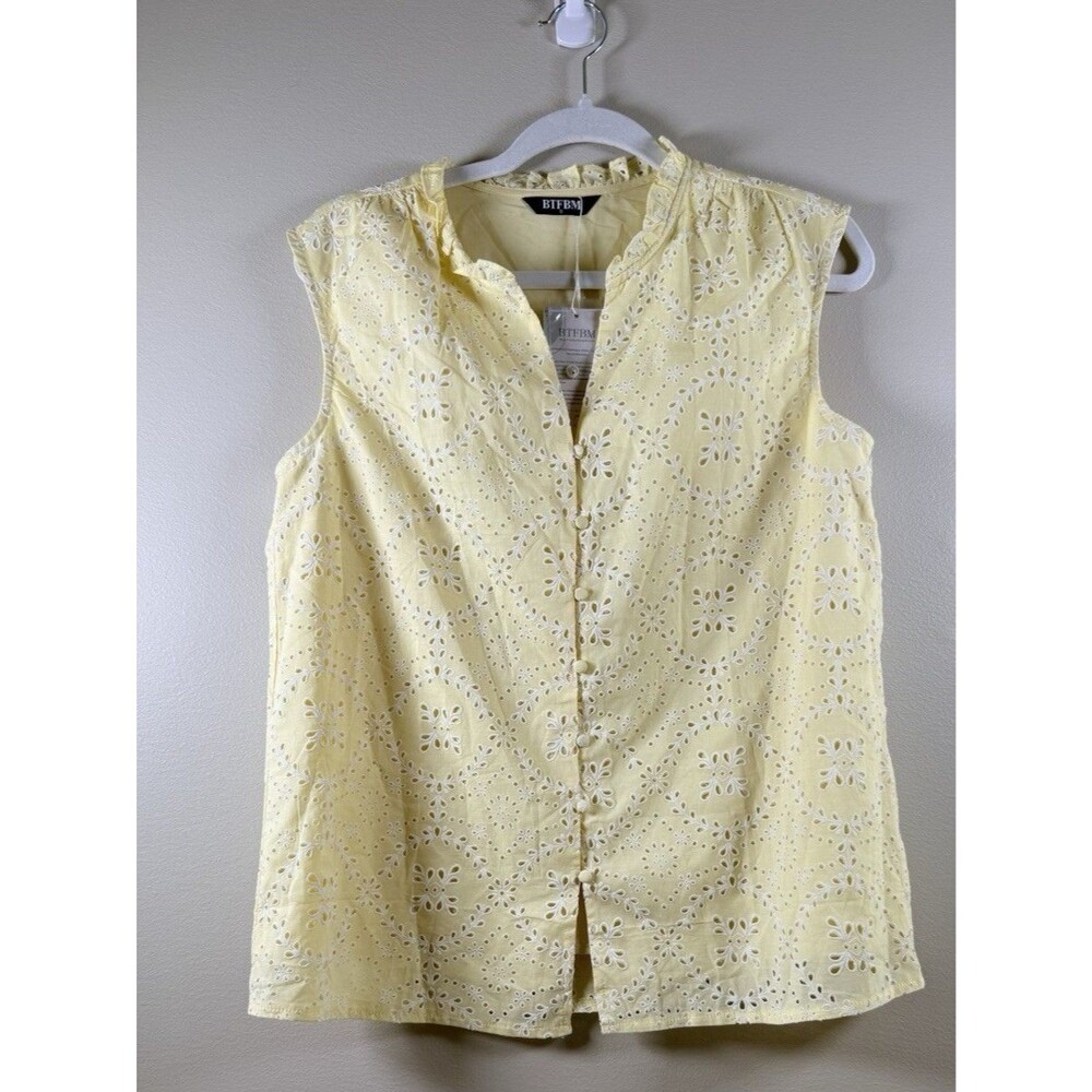 BTFBM Womens Yellow Floral Eyelet Lined Sleeveless Button Blouse - S